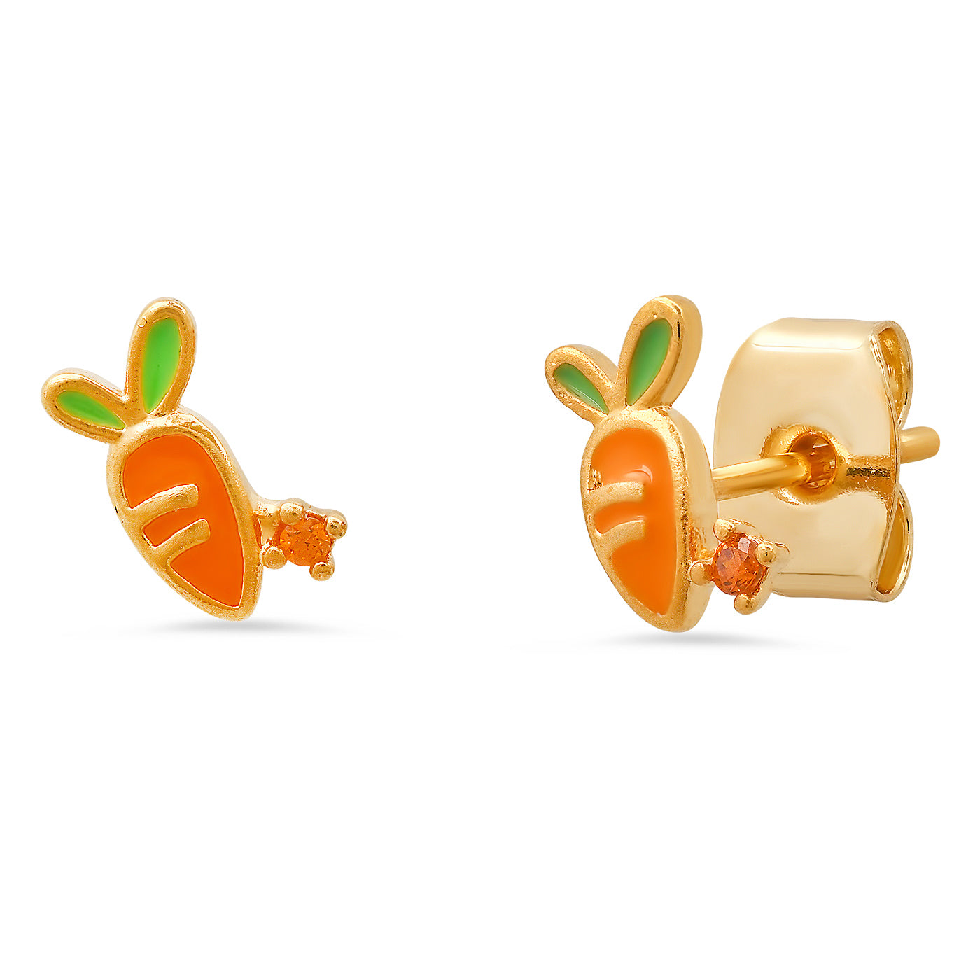 Carrot charm stud earrings with orange enamel carrot and green leaf accents, gold-tone.