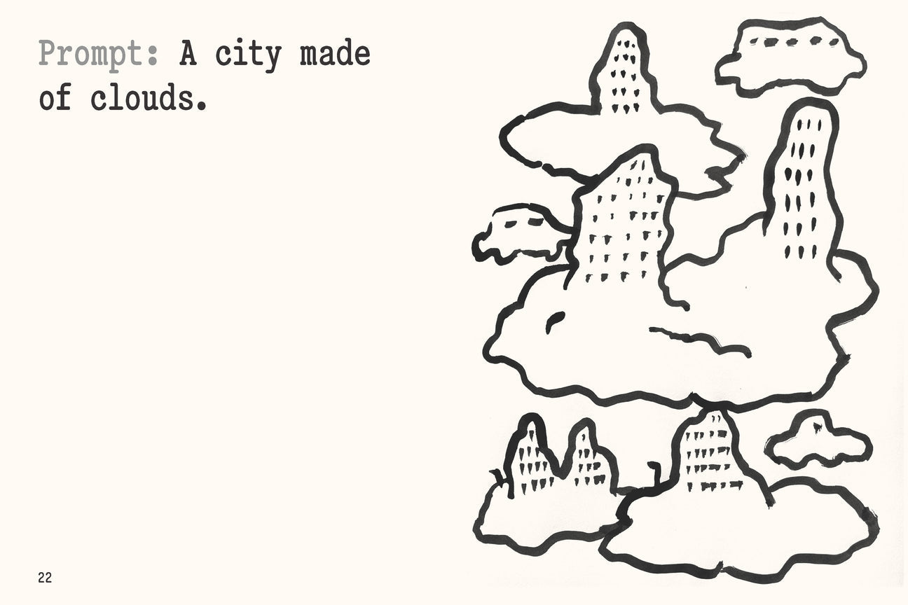 Sketch page with black line clouds and city buildings illustration