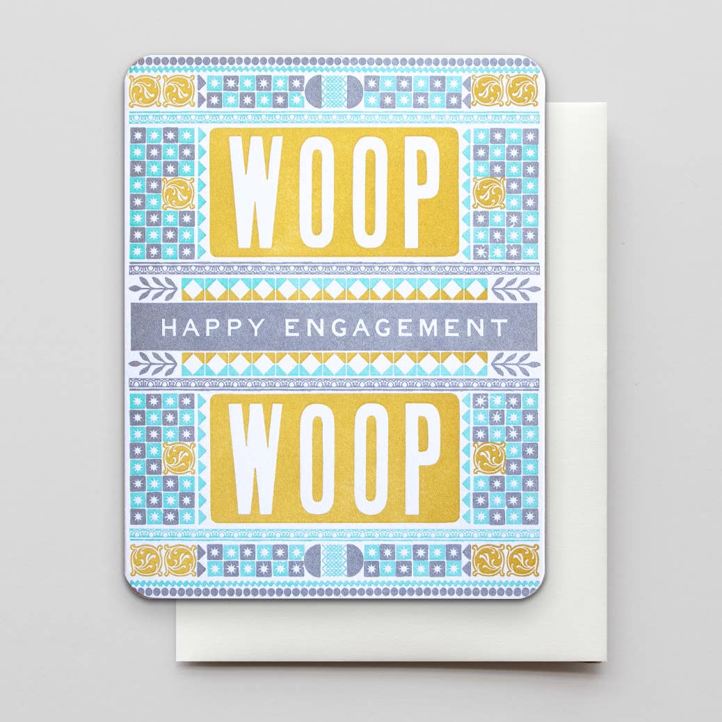 Engagement card with blue pattern border, gold 'Woop Woop' and 'Happy Engagement' text