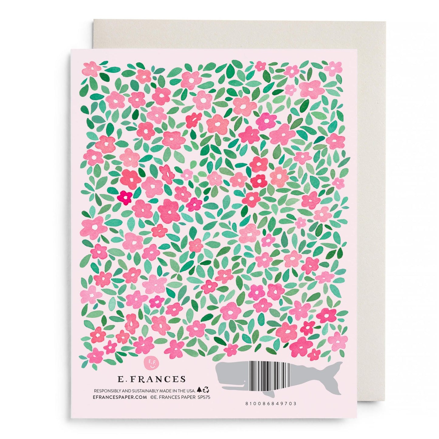 Bridal greeting card back with E. Frances logo, barcode, and fine print.
