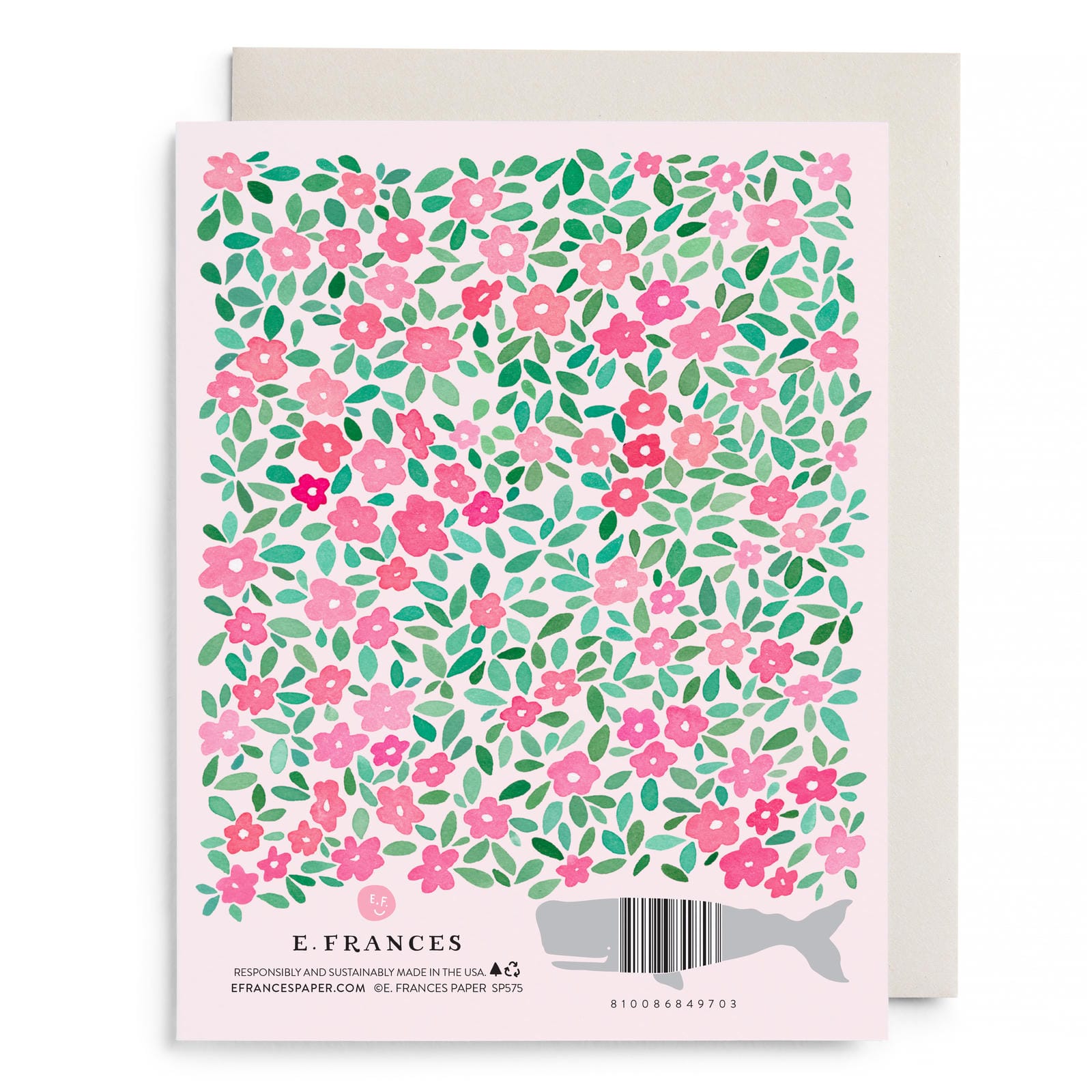 Bridal greeting card back with E. Frances logo, barcode, and fine print.