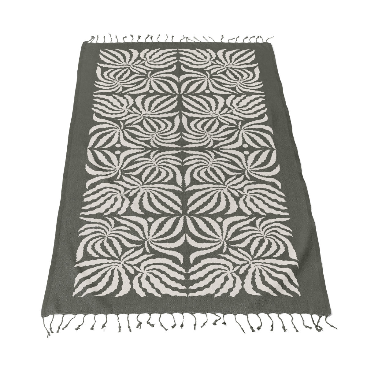 Dark gray Turkish towel blanket with light leaf pattern and fringed edges