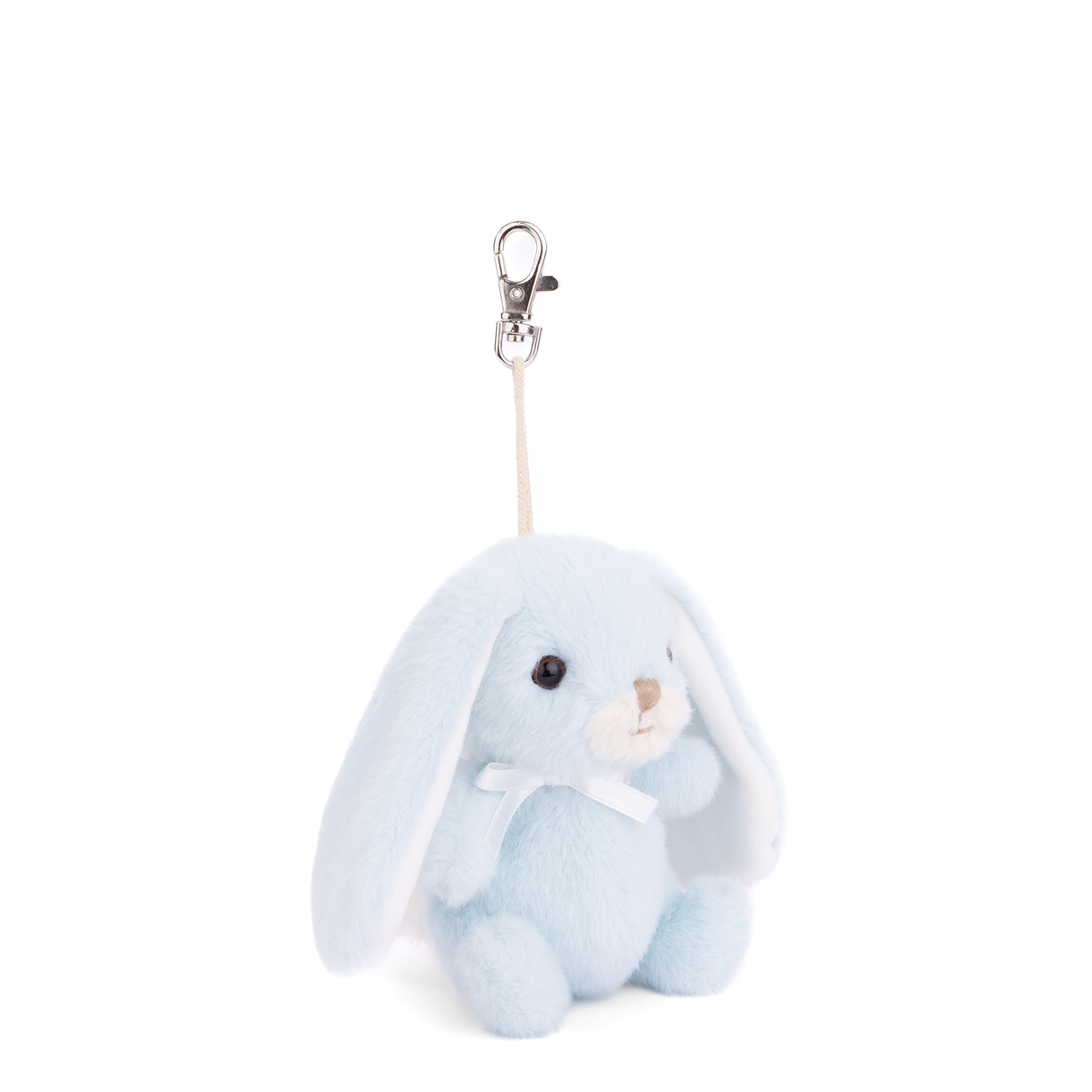 Light blue plush bunny bag charm with bow and silver metal clip, hanging loop.