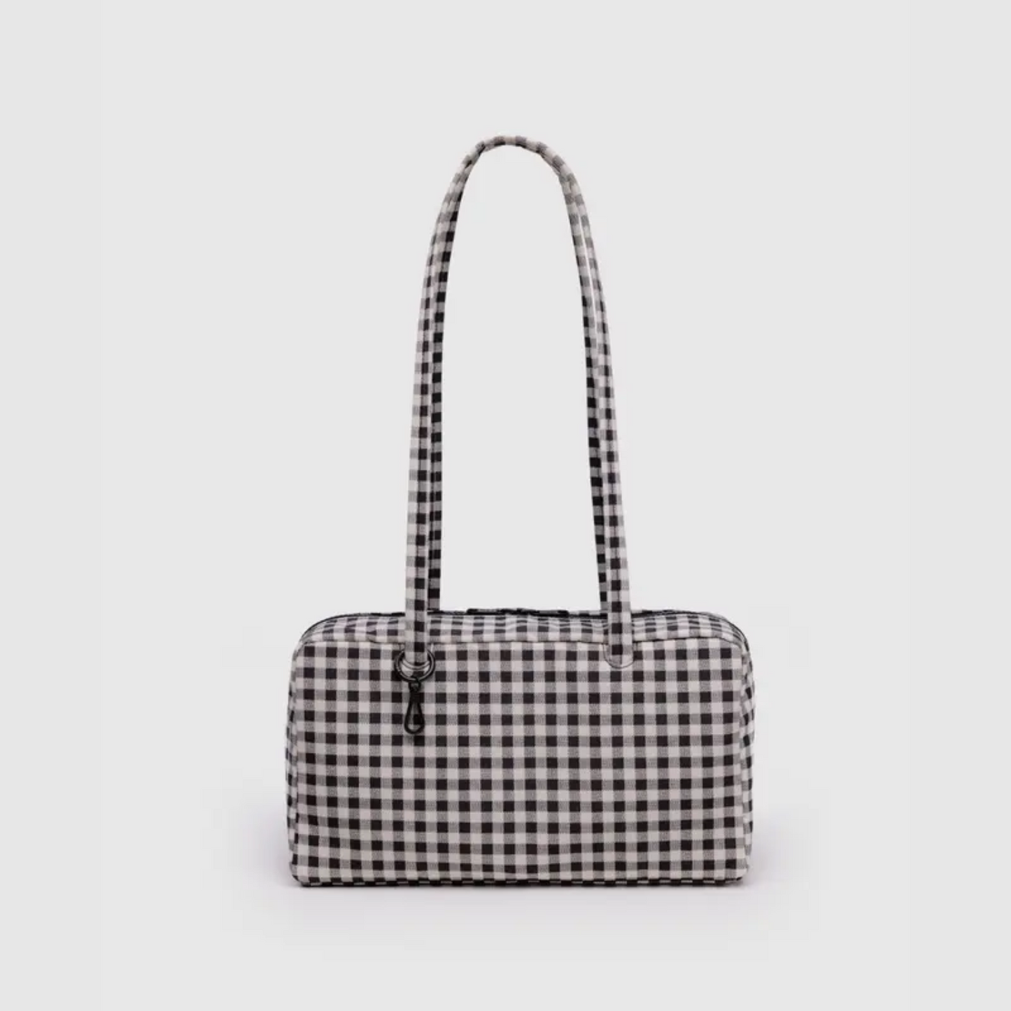 Nylon bowler bag with black-and-white gingham fabric and two top handles, small zip.