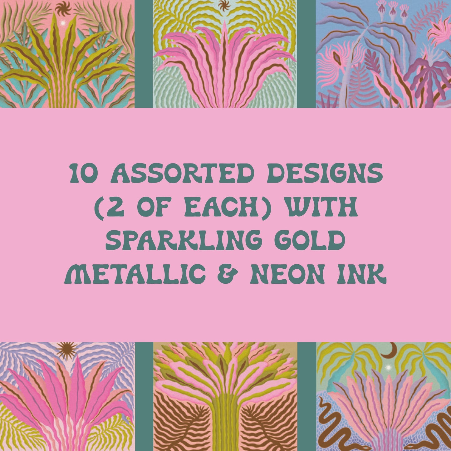 Boxed note card set with 10 assorted designs and sparkling gold metallic & neon ink