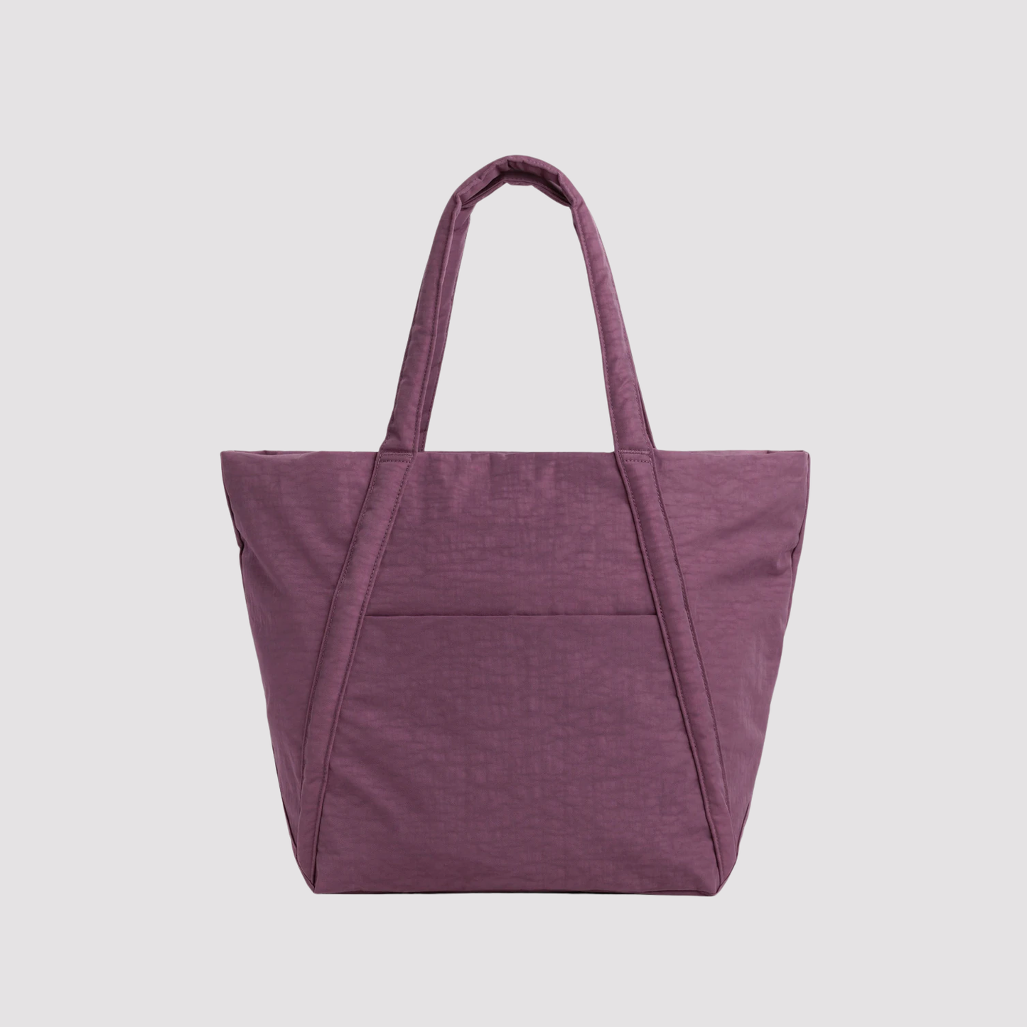 Cloud bag tote in plum with two top handles and a wide open main compartment.