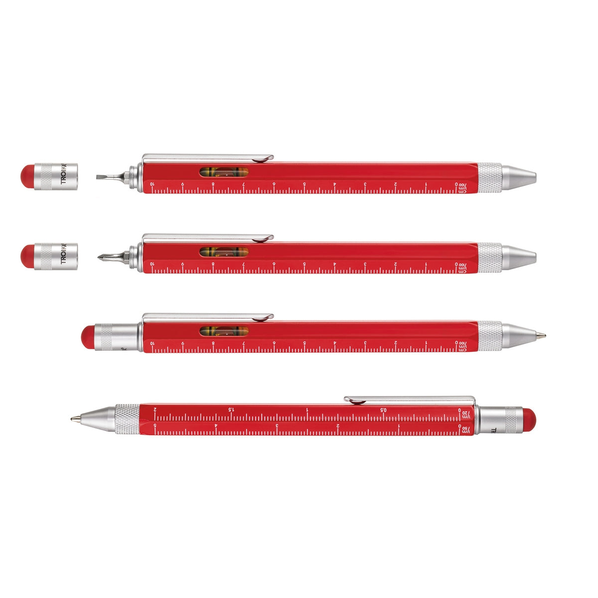 Red and white ballpoint measuring pen set with ruler markings and bubble level