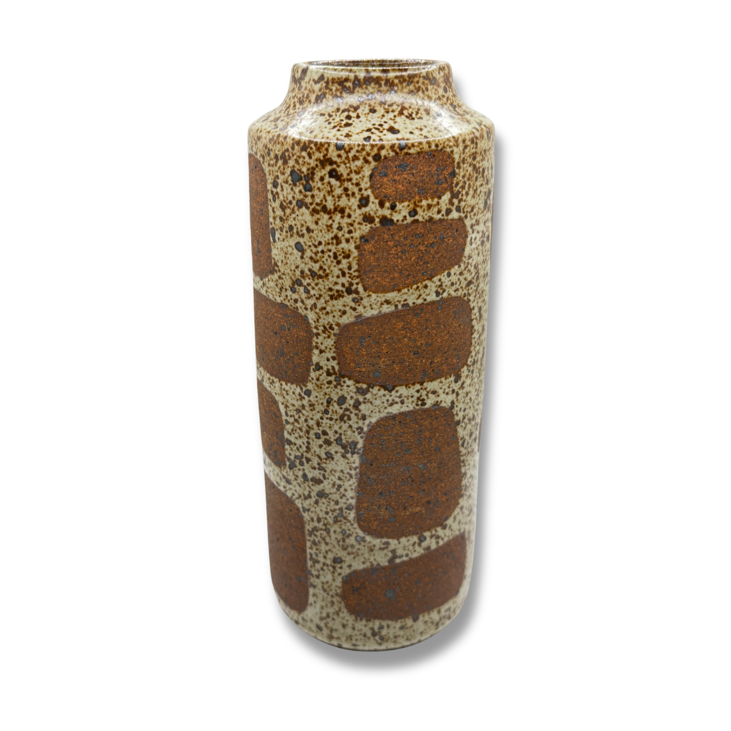 Tall ceramic vase with speckled beige and brown geometric block pattern, wide neck