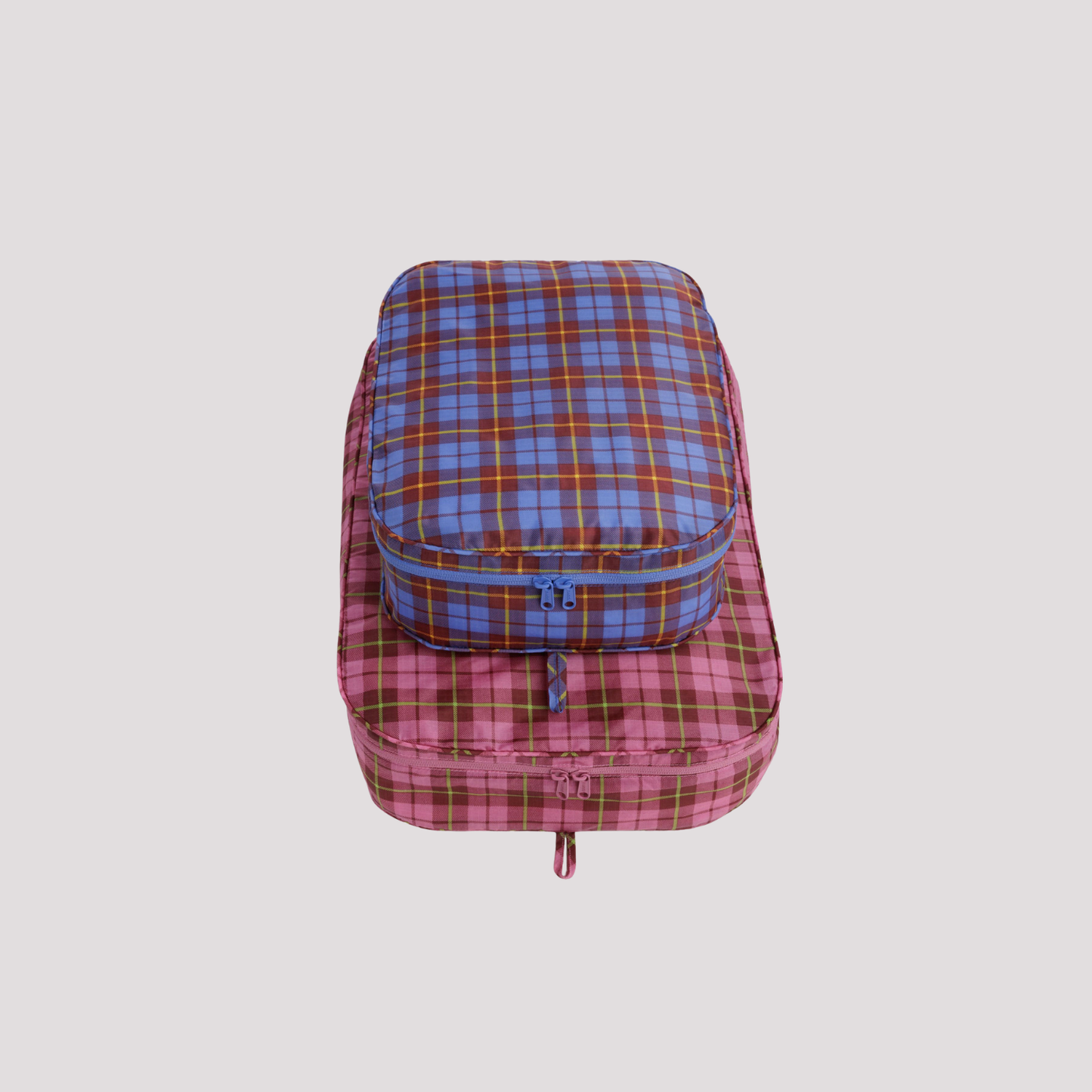 Large packing cube set with pink and orange plaid pattern, zipped