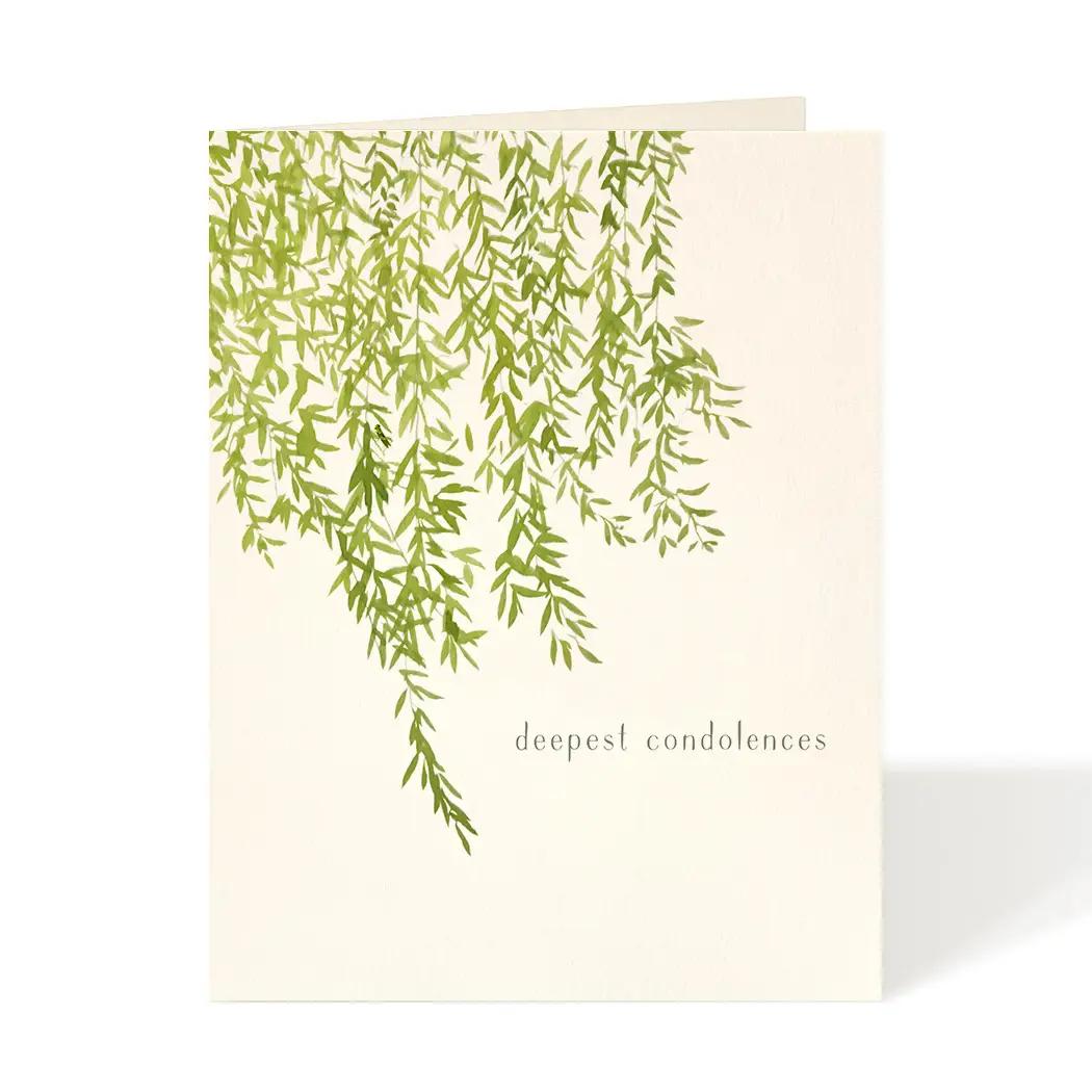 Sympathy card with green weeping willow branch and deepest condolences text