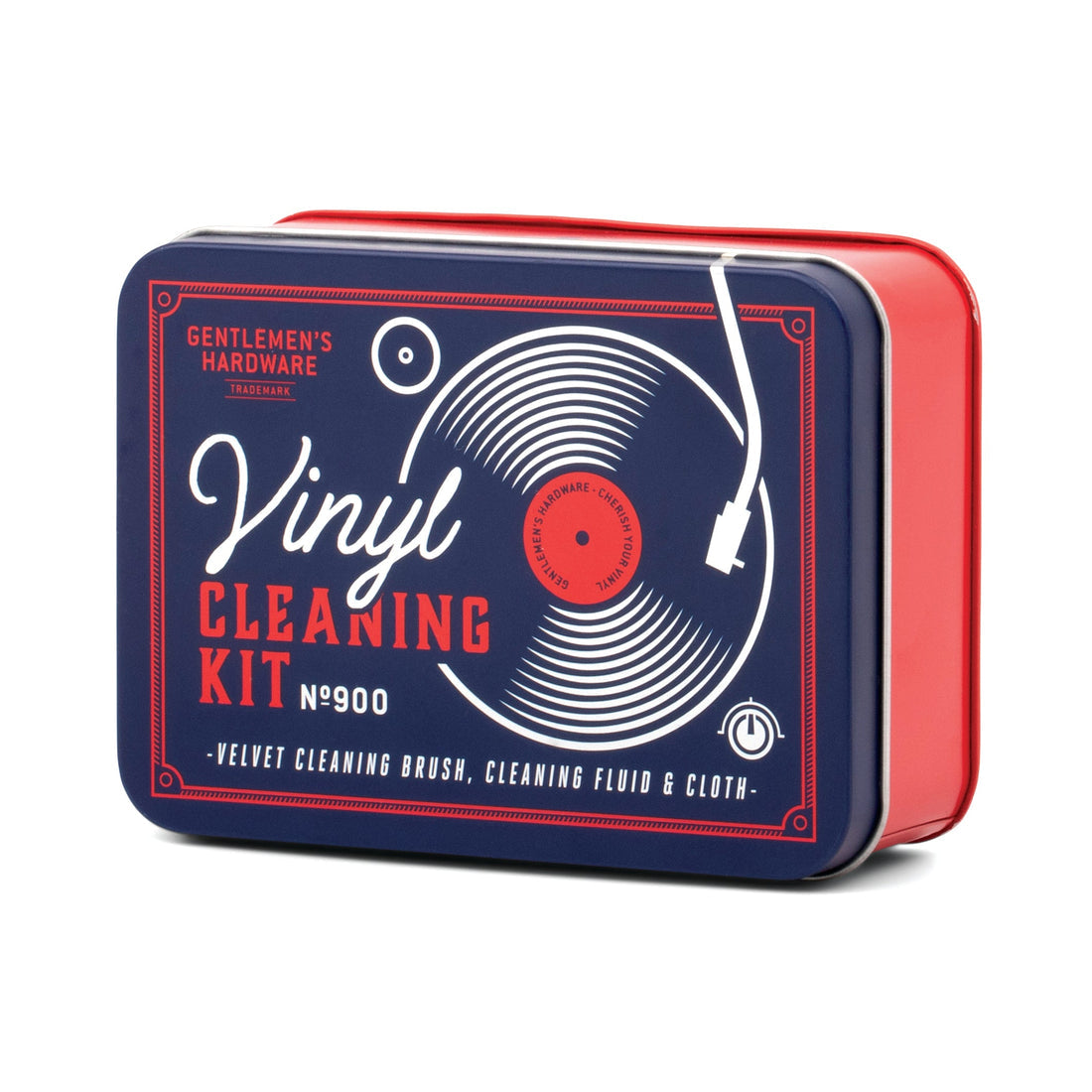 Vinyl cleaning kit tin with blue front and red side, record graphic design