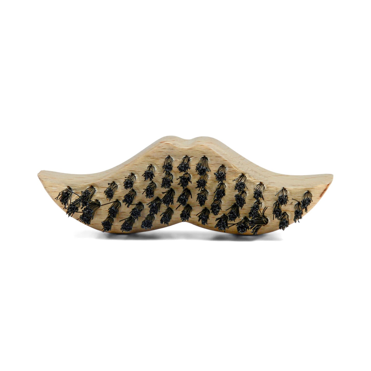 Curved wooden beard brush with light handle and dense black bristles for grooming