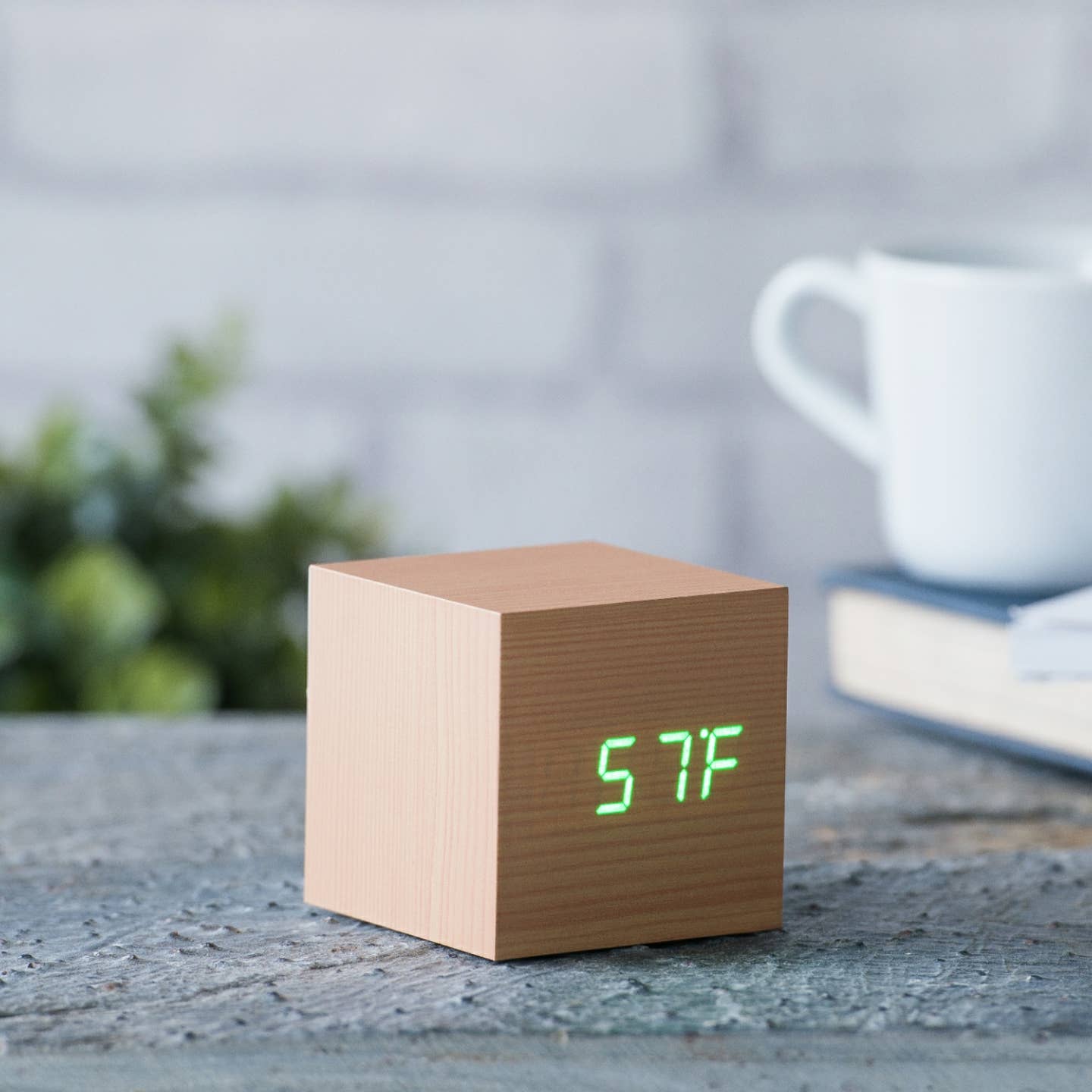 Beech wooden cube clock with green LED display, showing 5°F