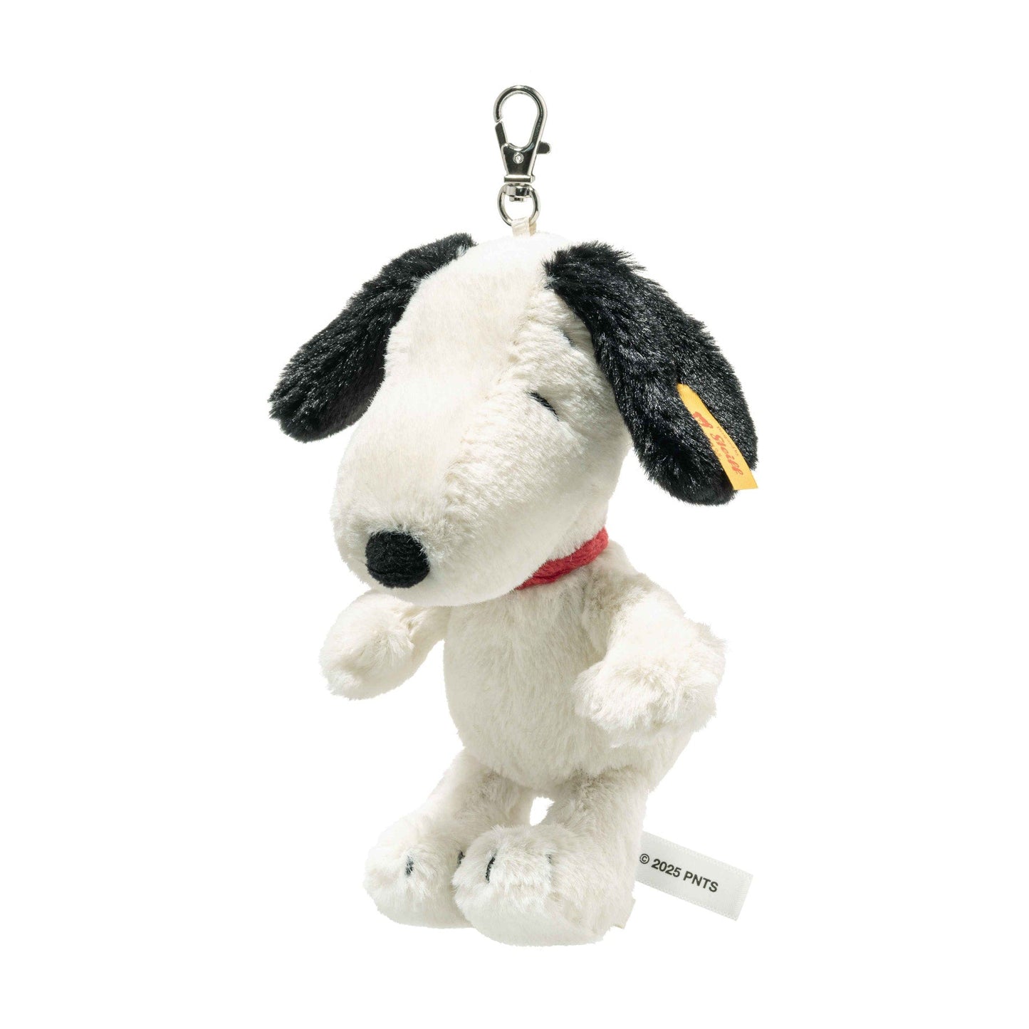 Plush Snoopy bag charm pendant, metal keyring, side view with red collar detail