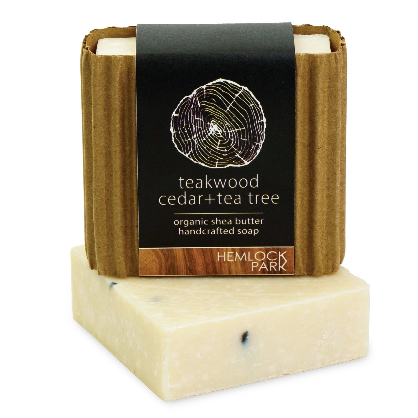 Teakwood cedar-tea tree organic shea butter soap bar, off-white color with dark label wrap