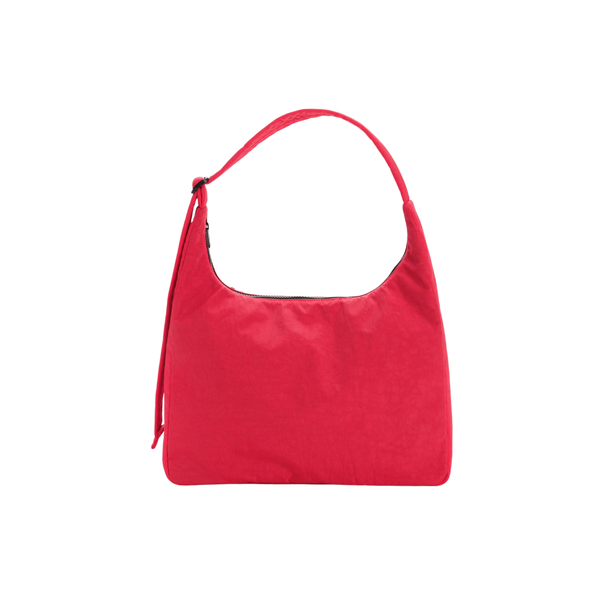 Red nylon shoulder bag with curved top handles and side zipper pocket