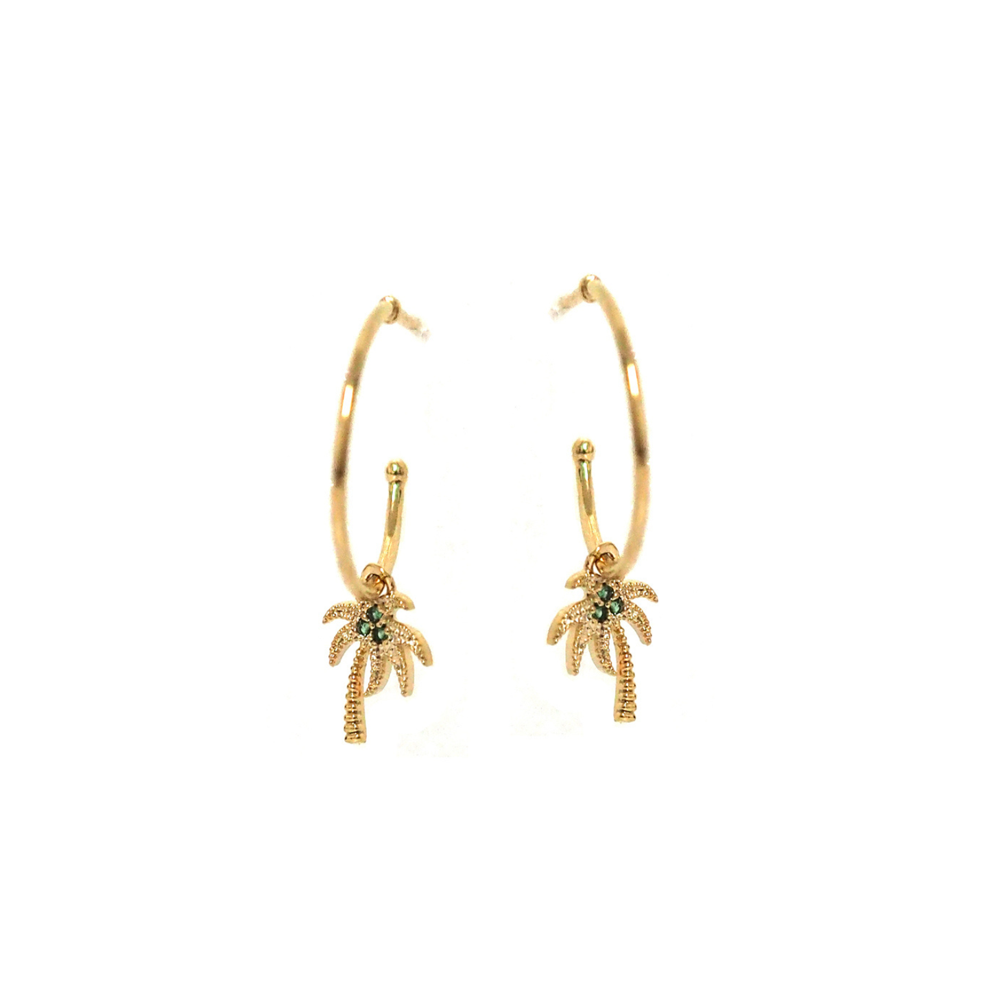 Gold-tone hoop earrings with palm tree charm dangles