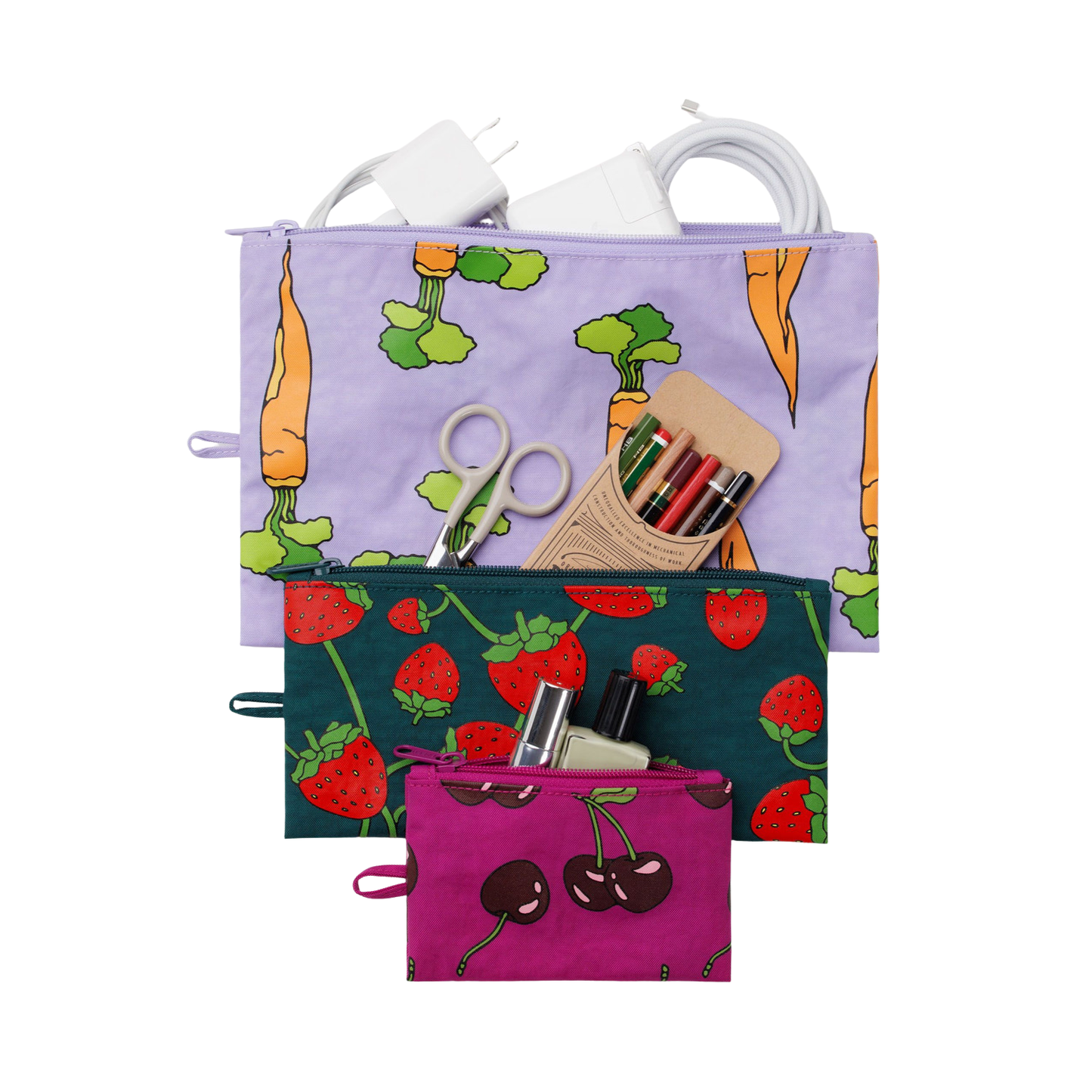 Set of three flat zipper pouches with carrot, strawberry, and cherry prints