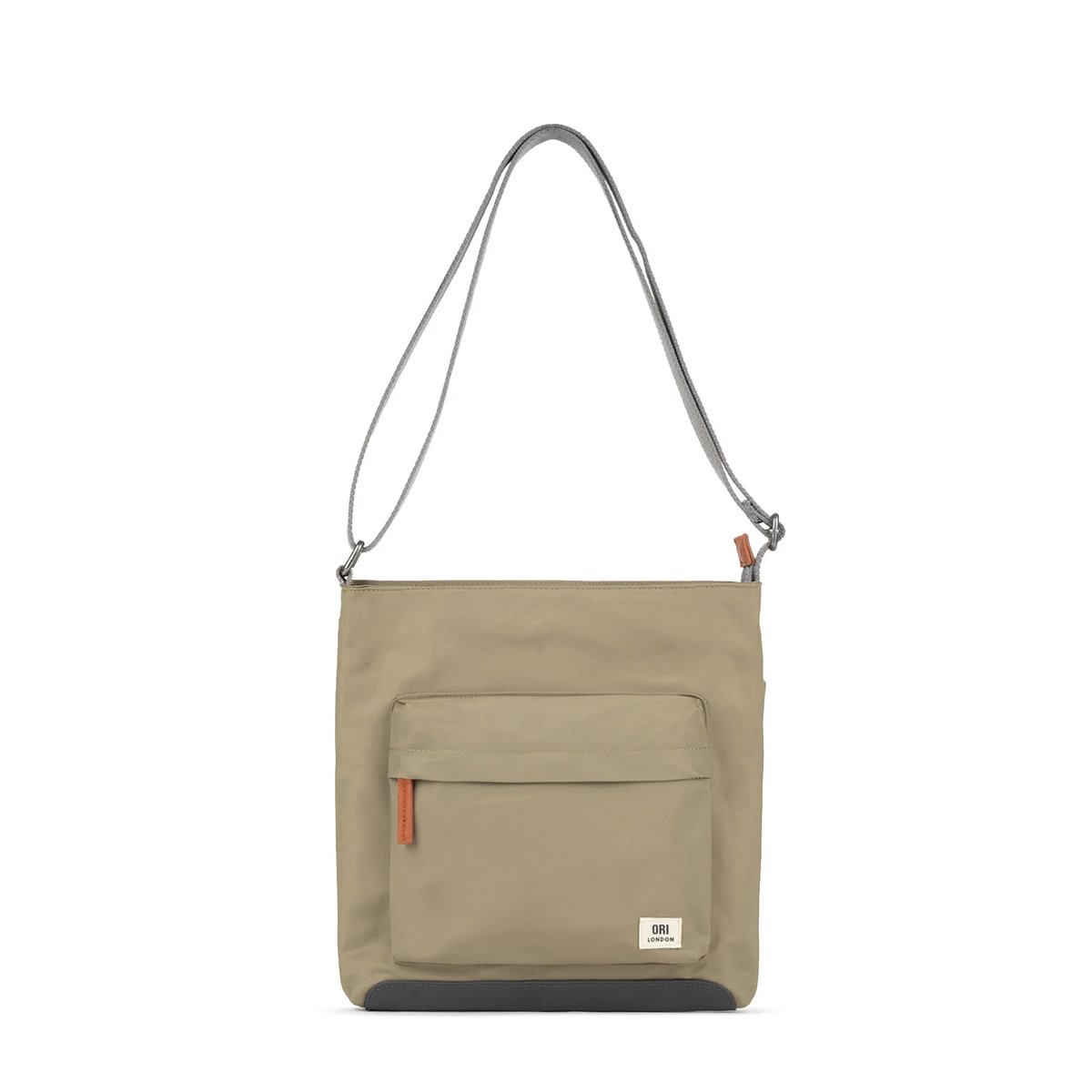 Beige sustainable nylon crossbody bag with adjustable strap and front zip pocket