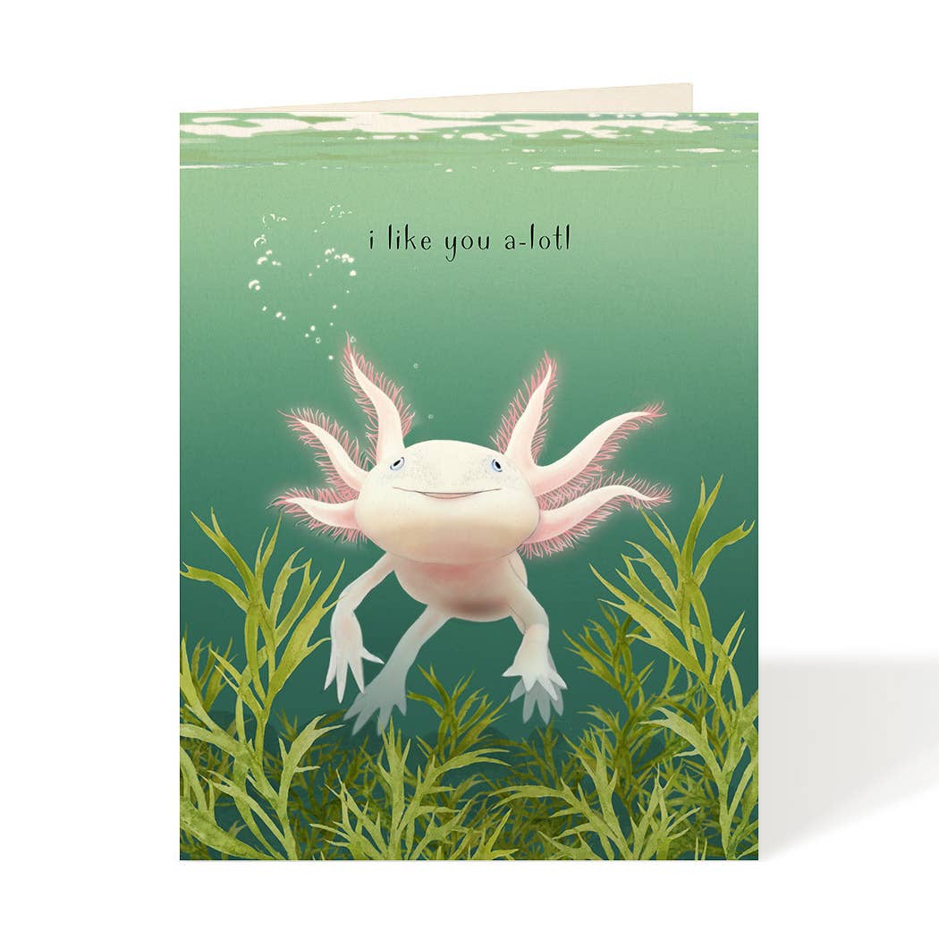 Axolotl love card with underwater plants, cute axolotl, and text "i like you a-lotl"