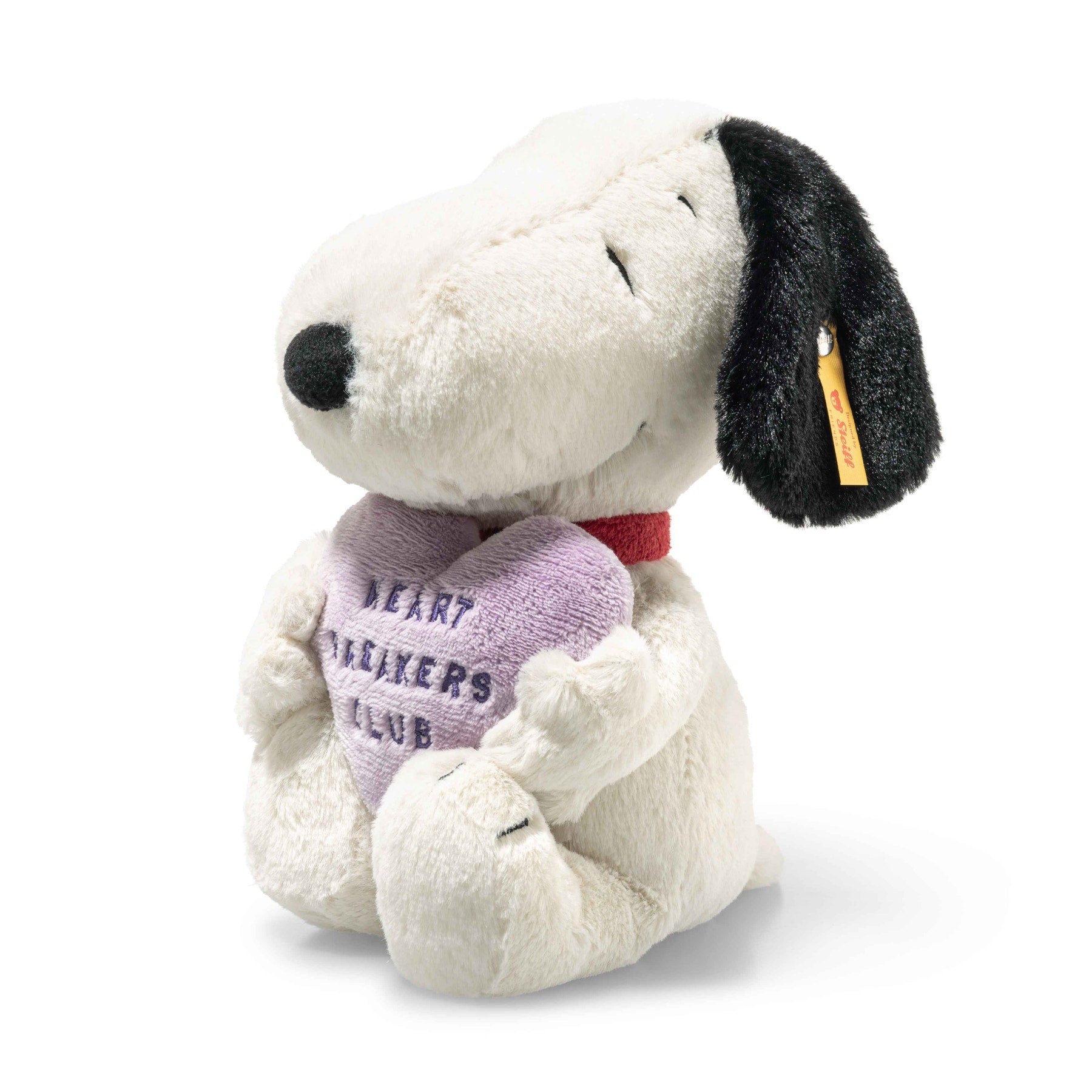 Plush dog toy sitting pose, purple Heartbreakers Club heart bib and red collar