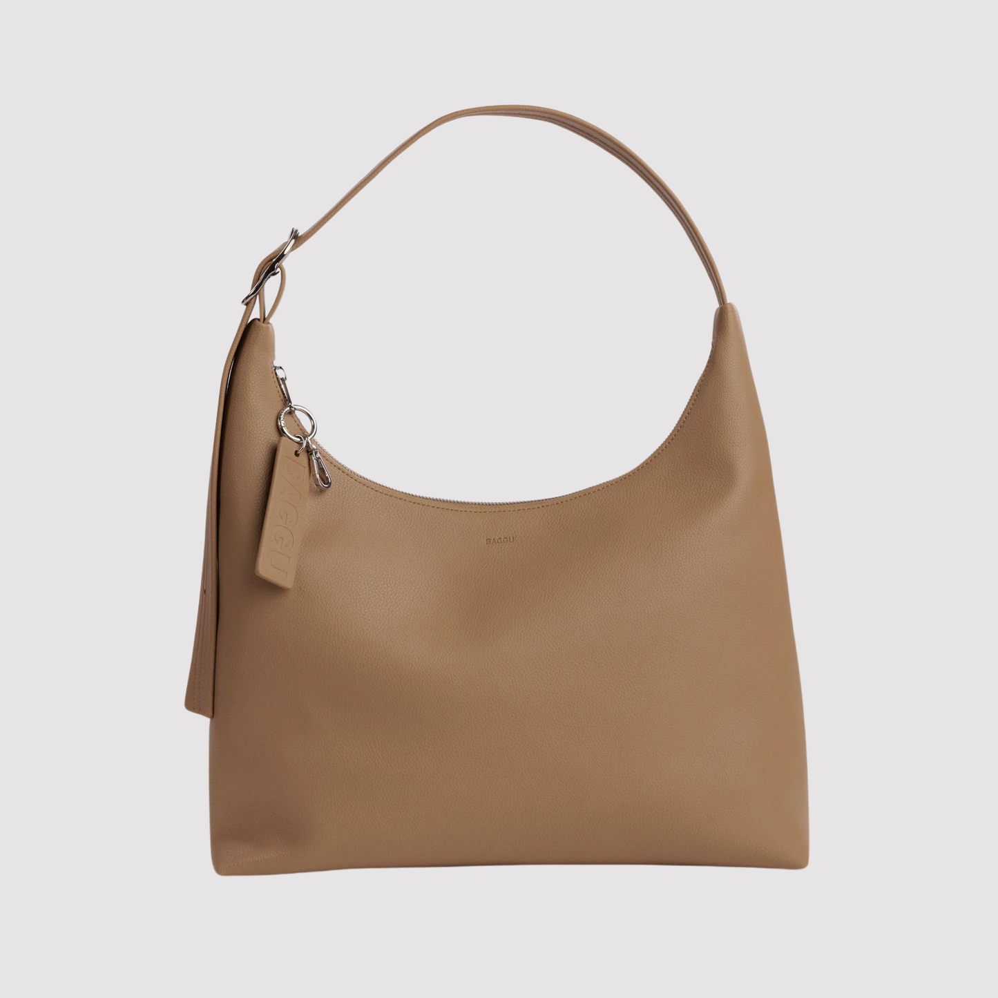 Tan recycled leather shoulder bag with top handle and hanging charm, front view