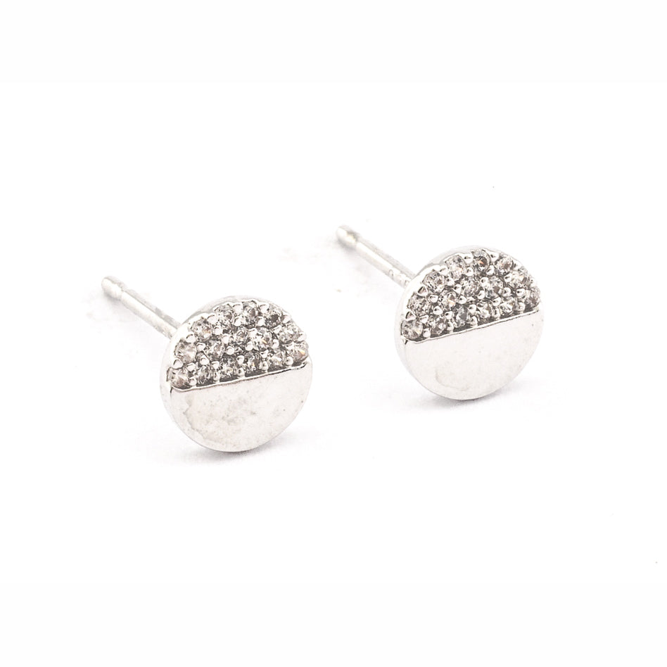 Silver-tone stud earrings with round half-dome pave stones, straight post backs