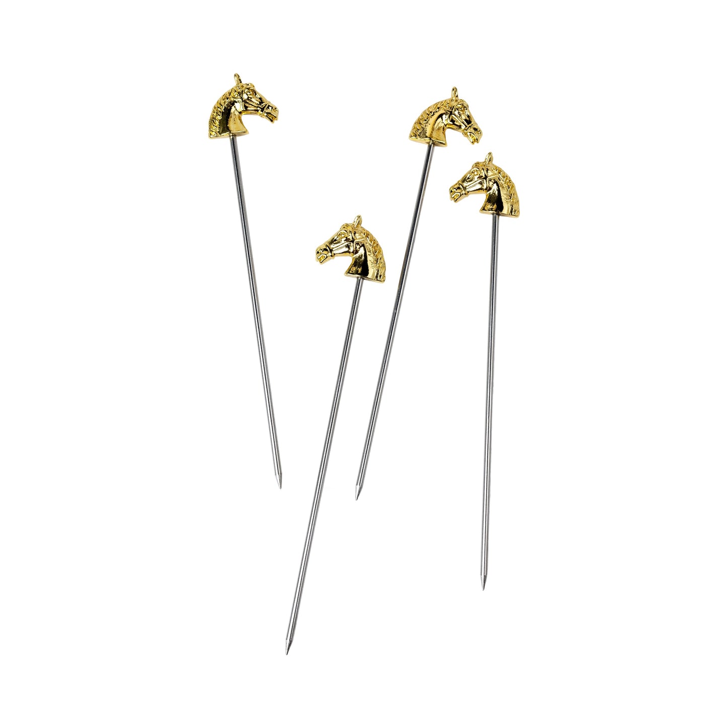 Curly cocktail picks with gold horse-head toppers and silver metal sticks, set of three