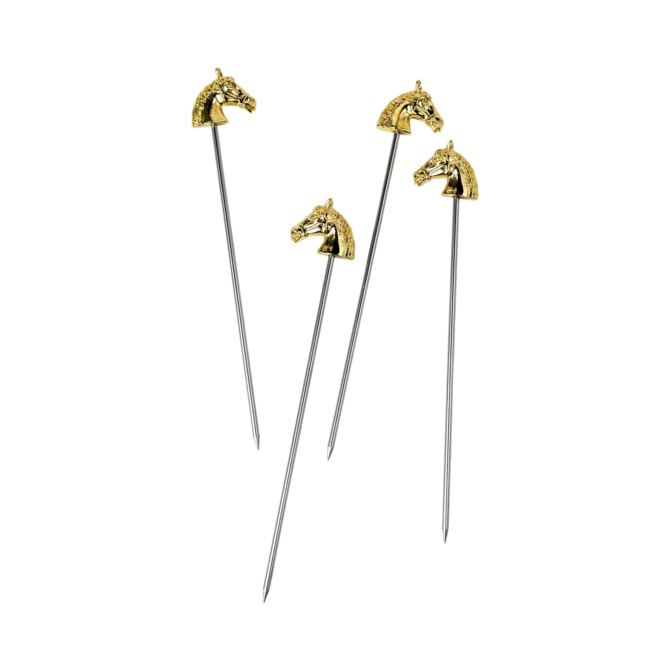 Curly cocktail picks with gold horse-head toppers and silver metal sticks, set of three
