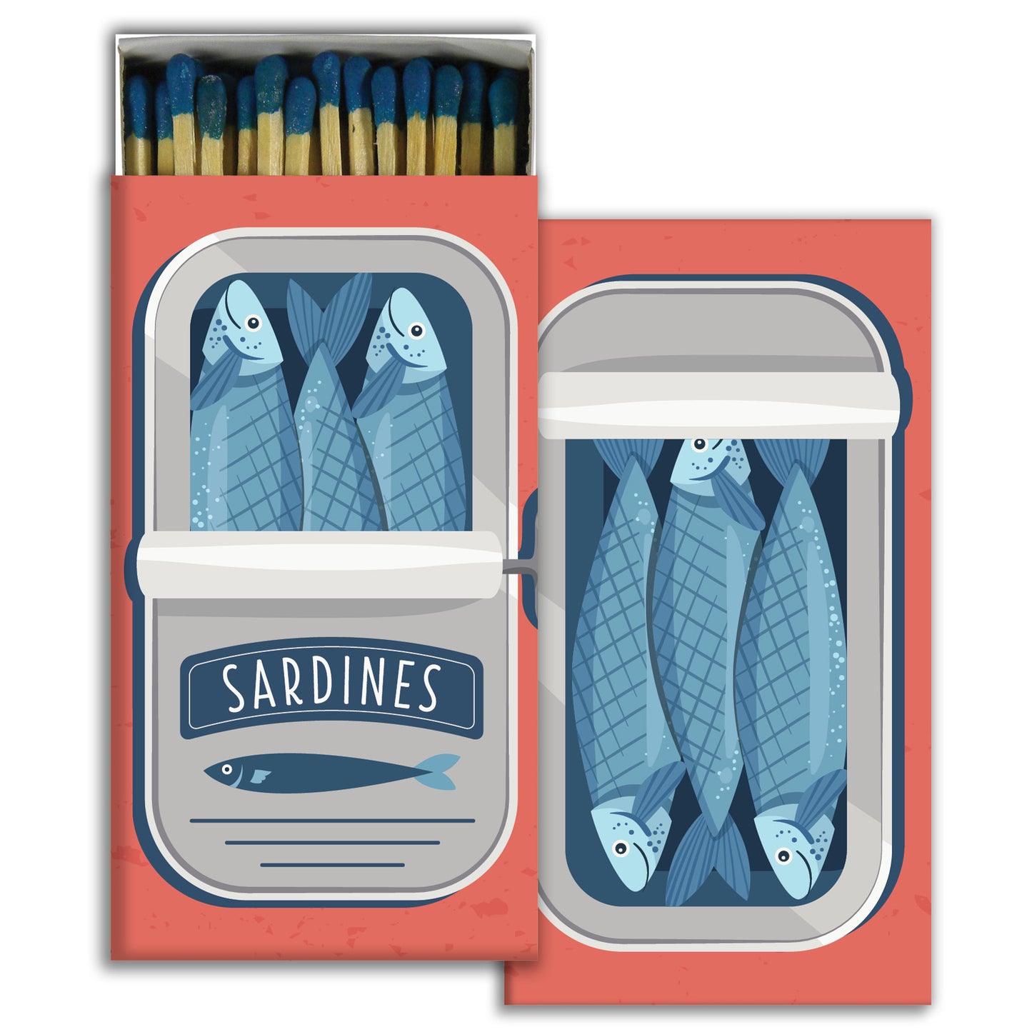 Sardines themed matchbox set with blue sardine fish illustrations