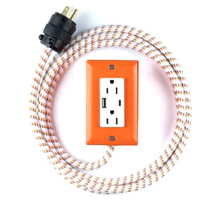 Exto USBC dual outlet cord with white-and-orange braided cable and orange dual outlet plate