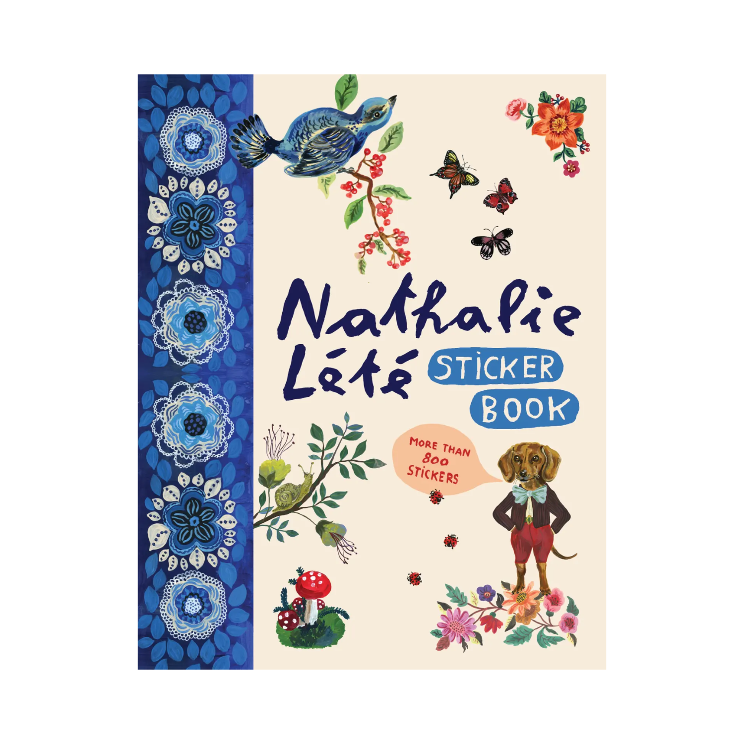 Sticker book featuring birds, butterflies, flowers, and a dog character with stickers