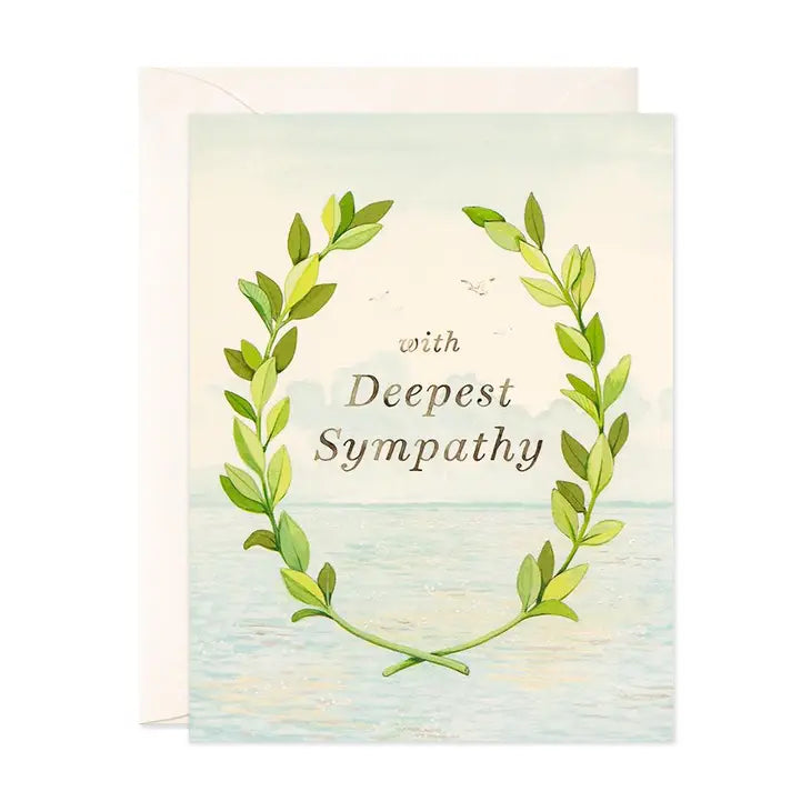 Sympathy card with green laurel wreath and "with Deepest Sympathy" message