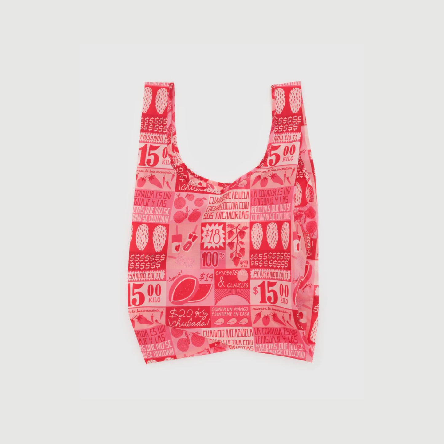 Reusable tote bag with red printed numbers and icons pattern
