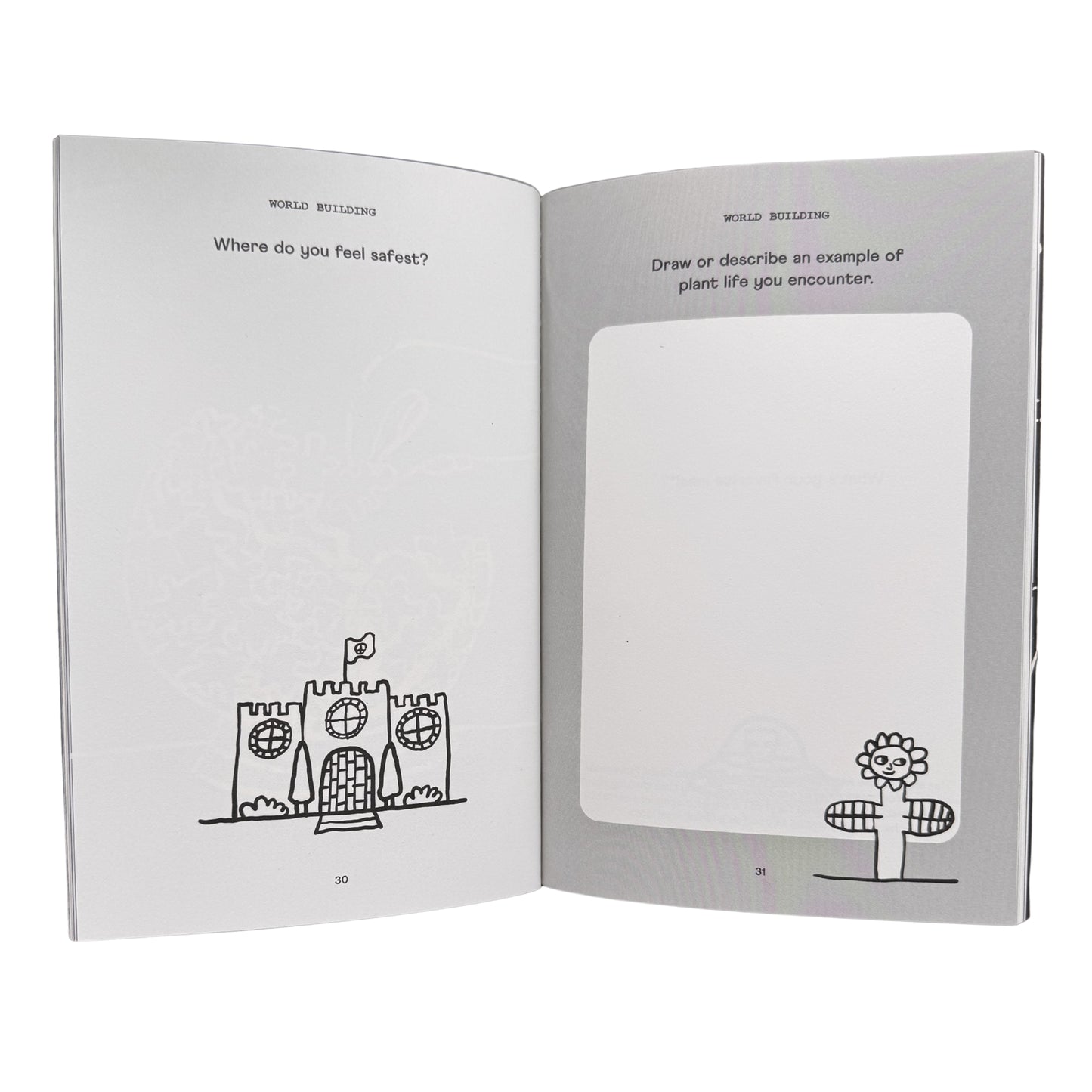 Open journal pages with line drawings and a blank activity box on the right