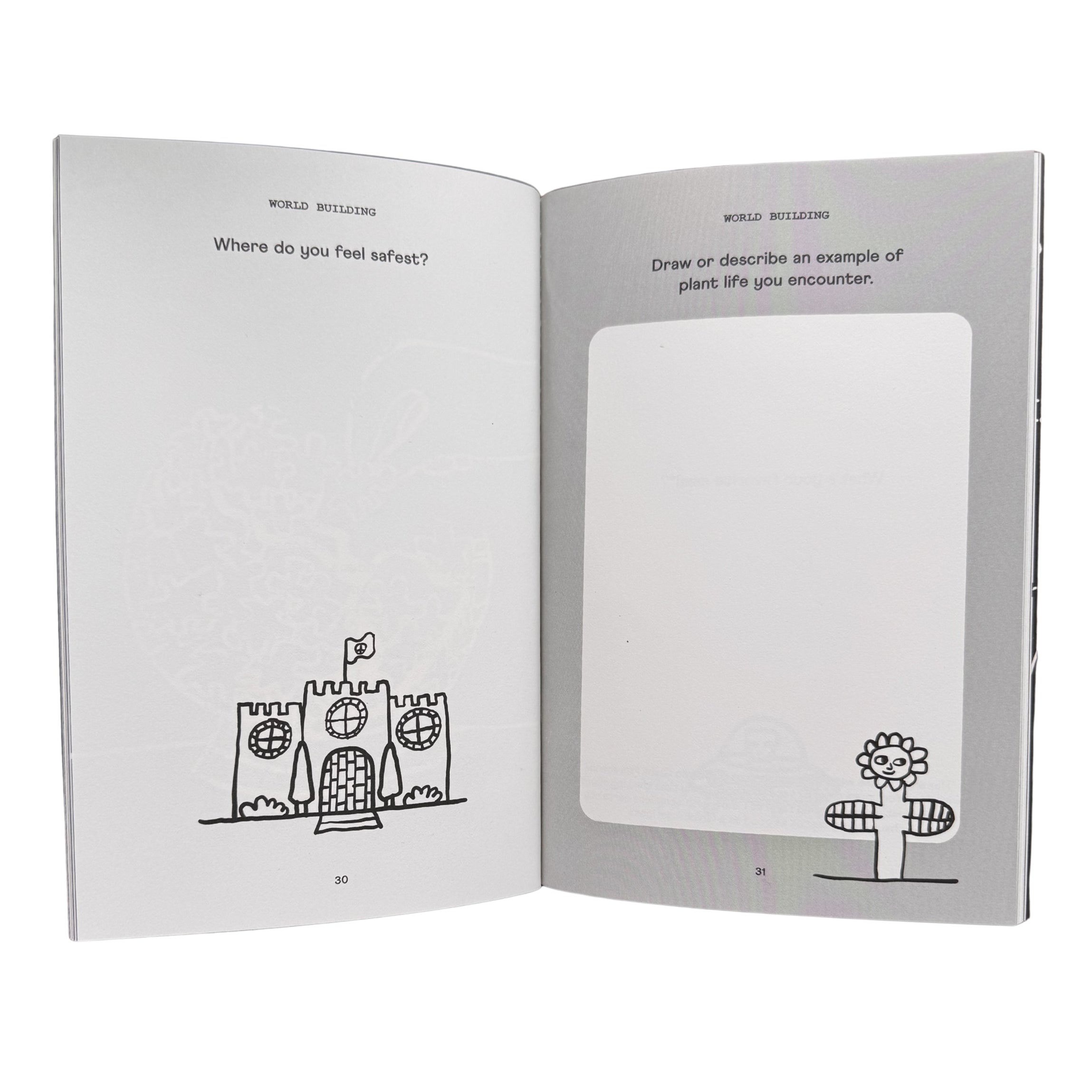 Open journal pages with line drawings and a blank activity box on the right