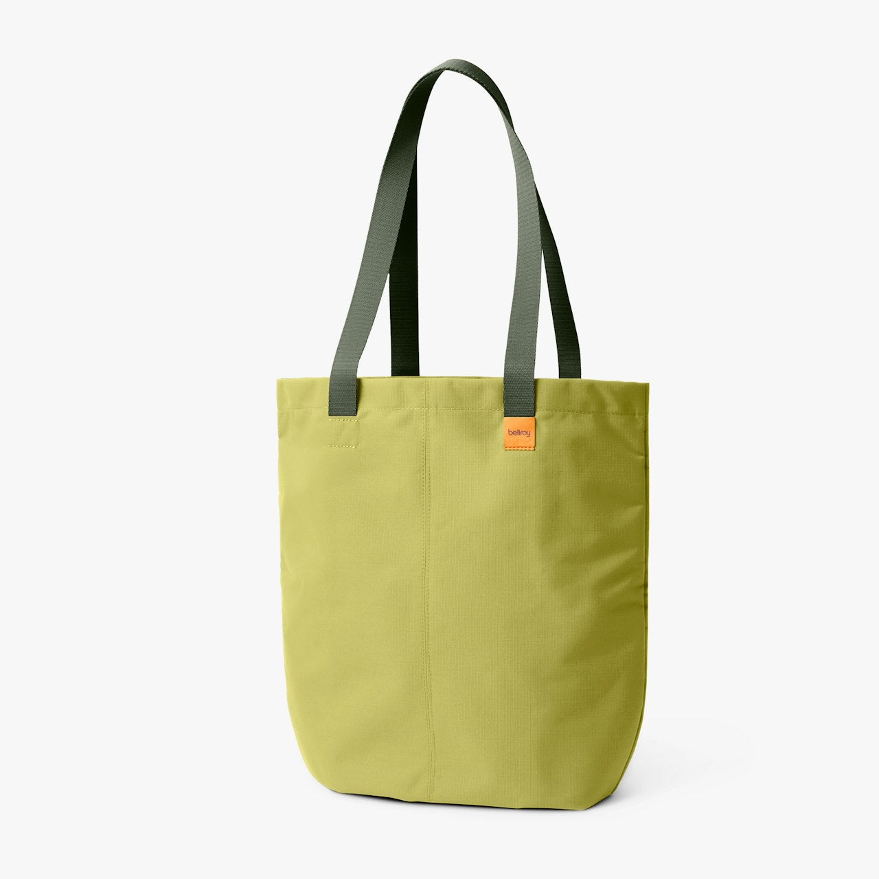 City tote bag in bright yellow with dark green handles and a small orange brand label.