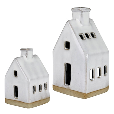 Ceramic cottage set of 2, white house-shaped decor with window openings