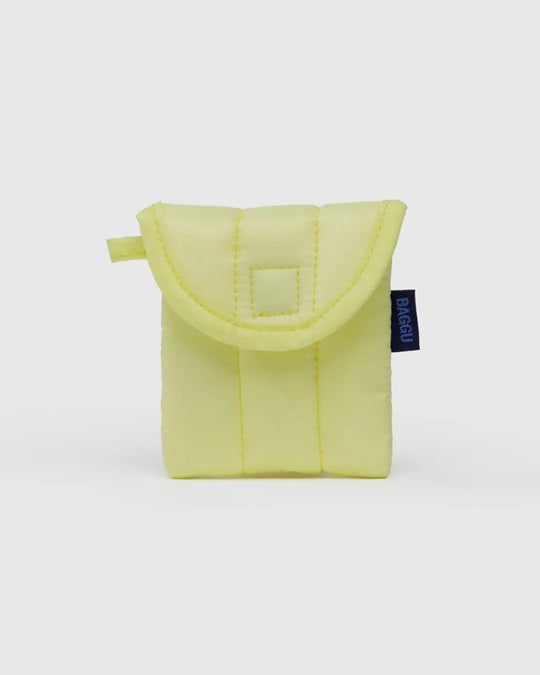 Lime green puffy earbuds case with quilted flap, black square detail, earbuds inside