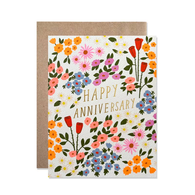 Anniversary greeting card with colorful floral pattern and 'Happy Anniversary' text