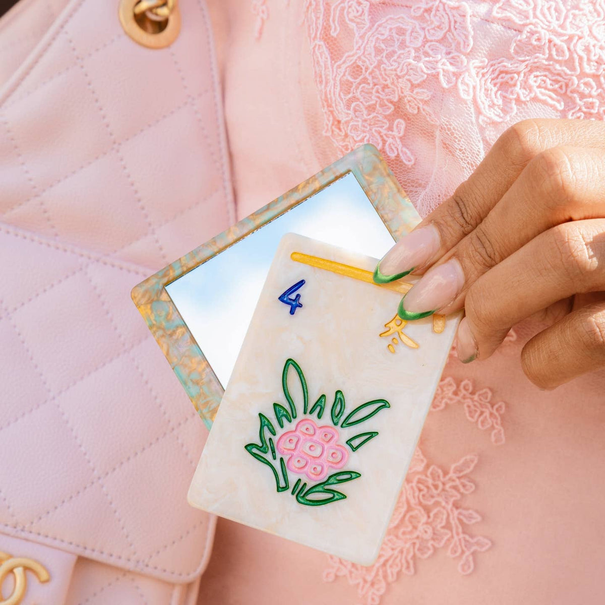 Hand-Painted Flower Mahjong Compact Mirror