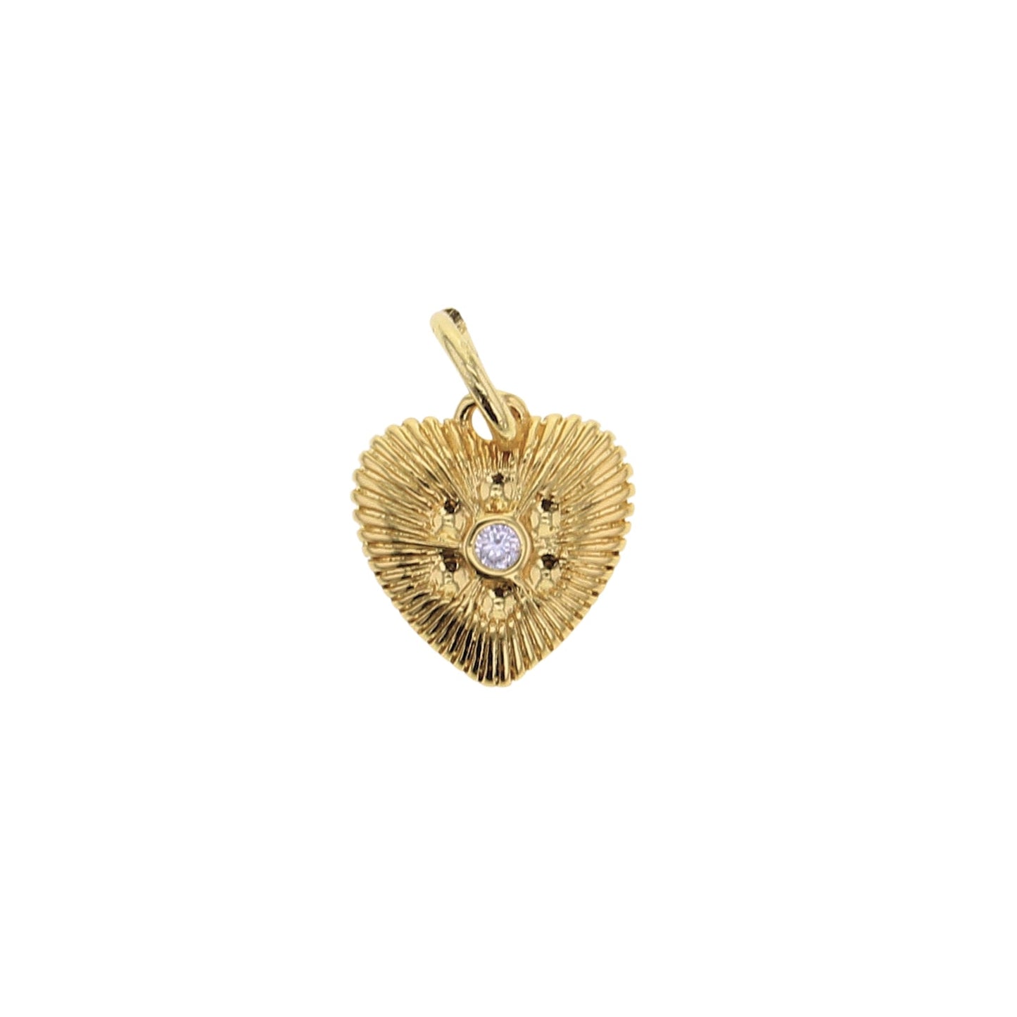 Gold heart charm pendant with textured rays and round CZ center, top loop bail
