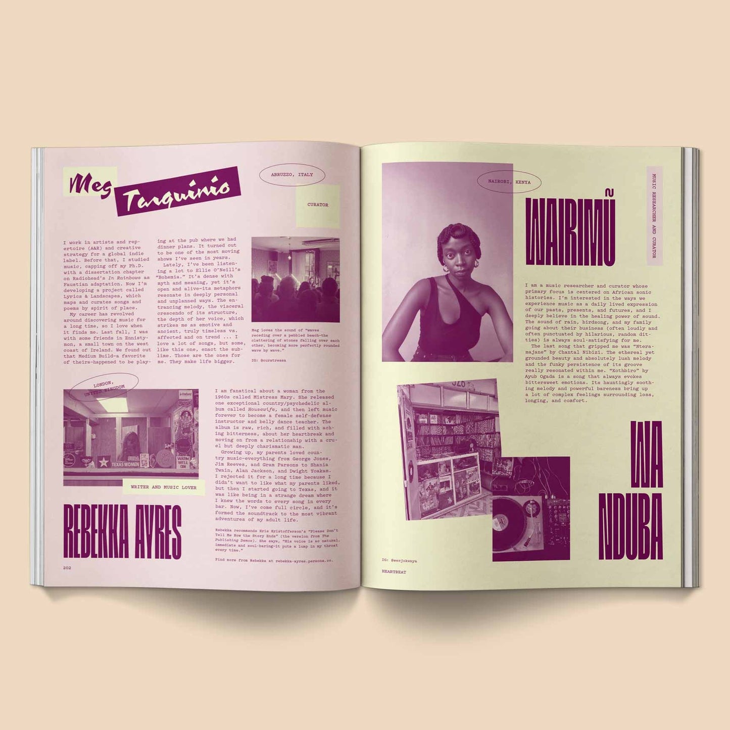 Opened music magazine with interview text and purple and pink layout featuring portraits