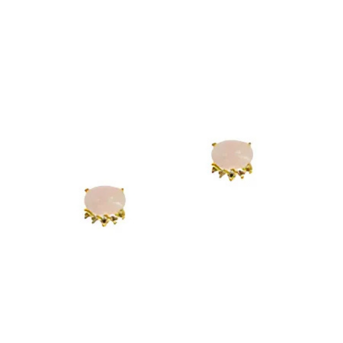 Oval rose quartz CZ stud earrings with five-stone halo in gold-tone setting