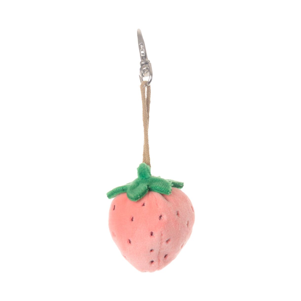 Pink strawberry plush key ring with metal clip and fabric loop