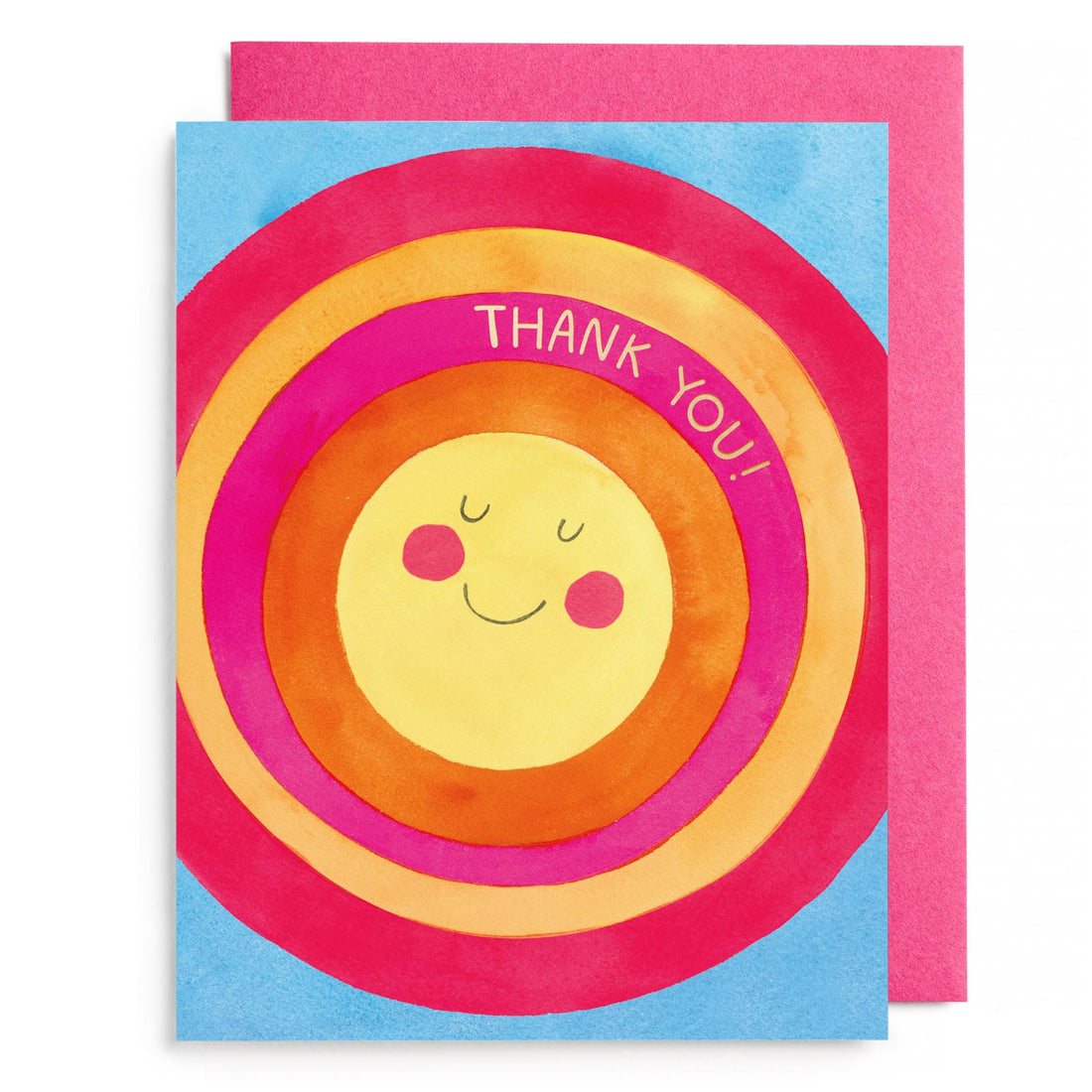 Sun-themed thank you greeting card with rainbow rays and smiling face