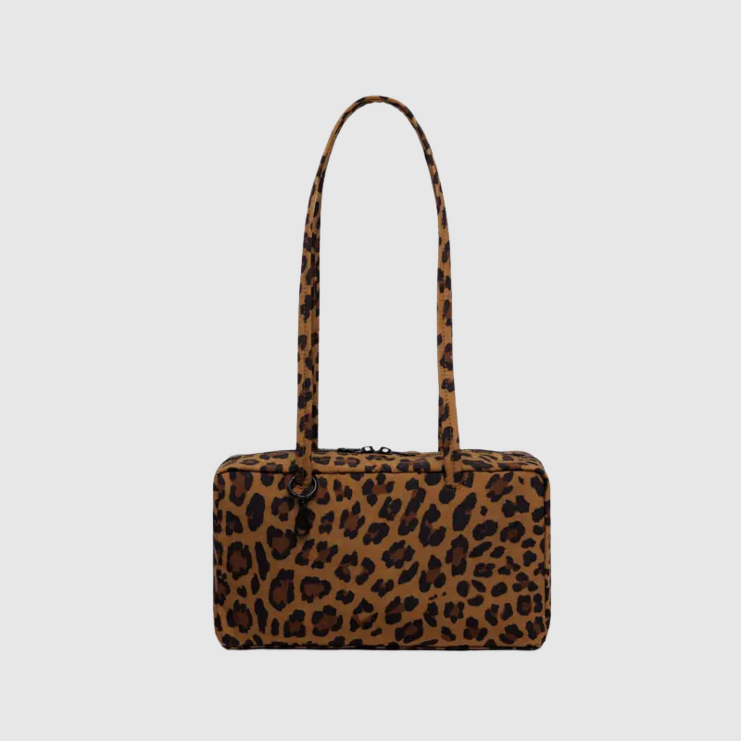 Nylon bowler bag with leopard print fabric and two top handles, zip closure.