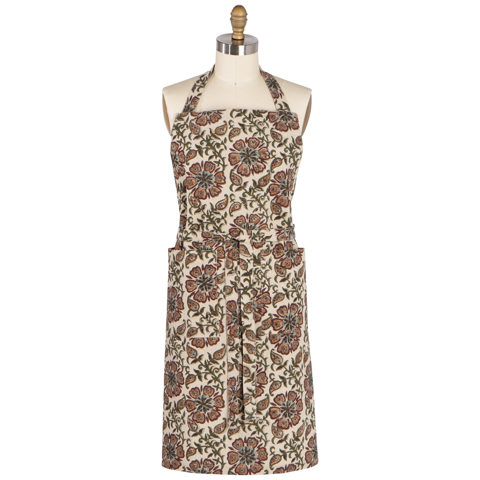 Cream block-print apron with brown and orange floral pattern, adjustable neck strap