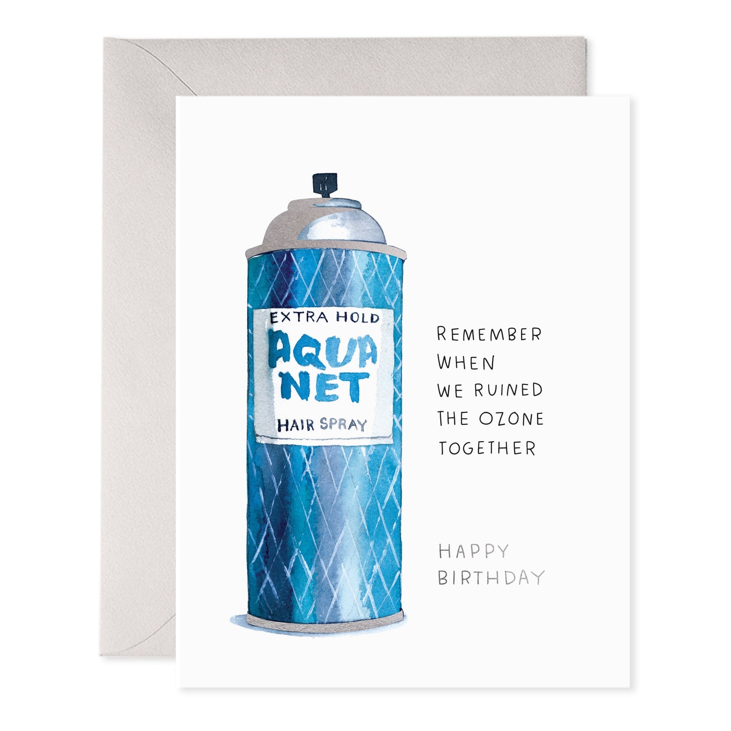 Birthday greeting card with blue hair spray can artwork and Happy Birthday text
