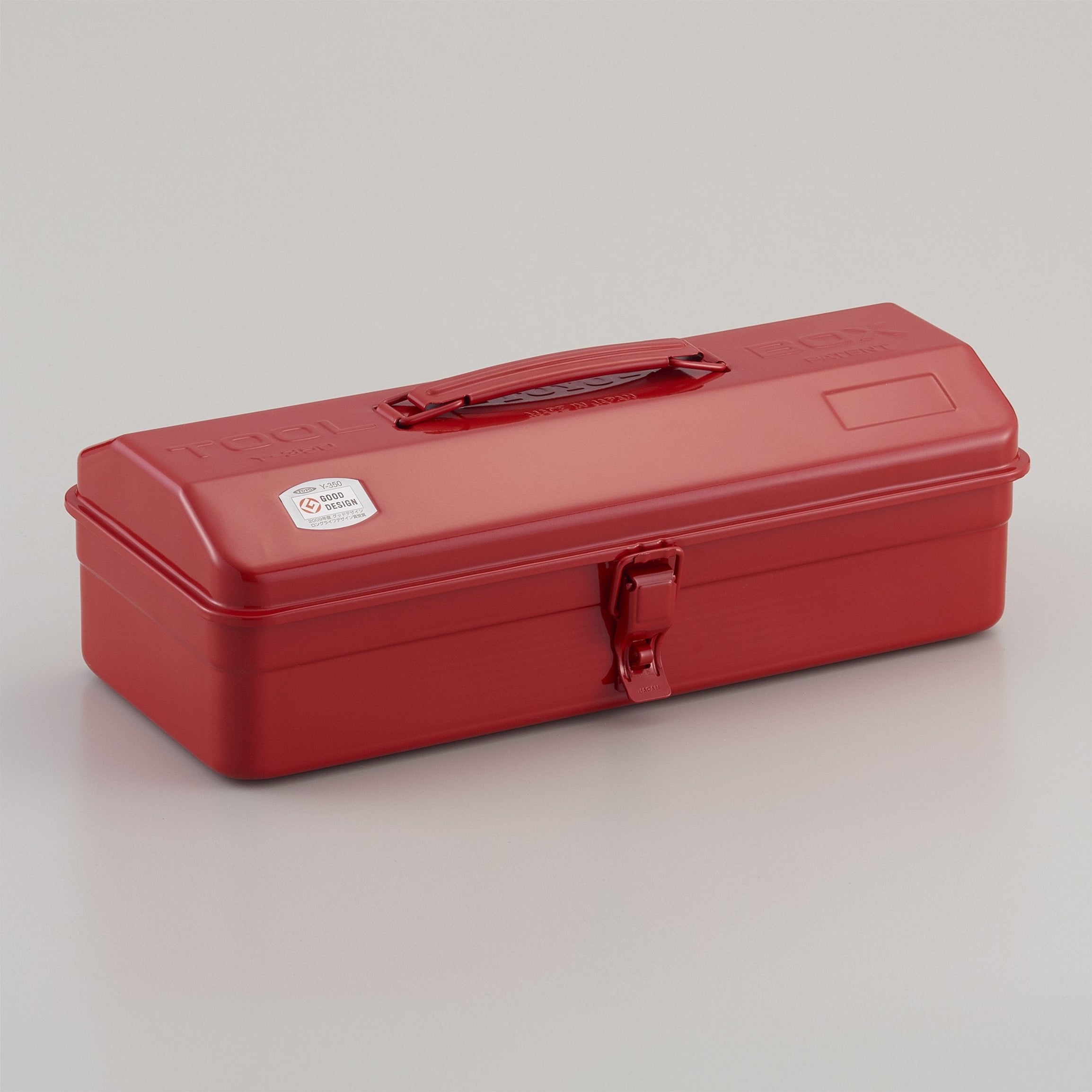 Red steel toolbox with top handle and latch lid, rectangular metal case